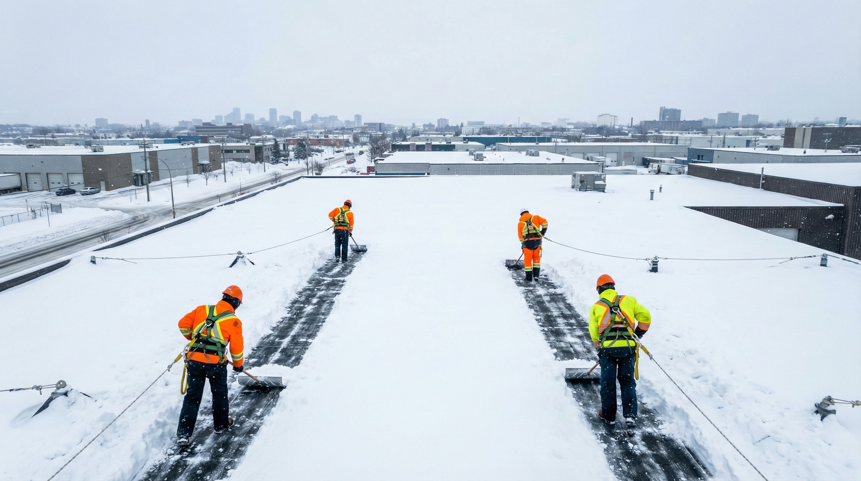 Déneigement manuel sur toit plat